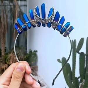 NIP! Genuine Blue Dyed Quartz Crystal Crowns with Silver Tone Findings & Moon!